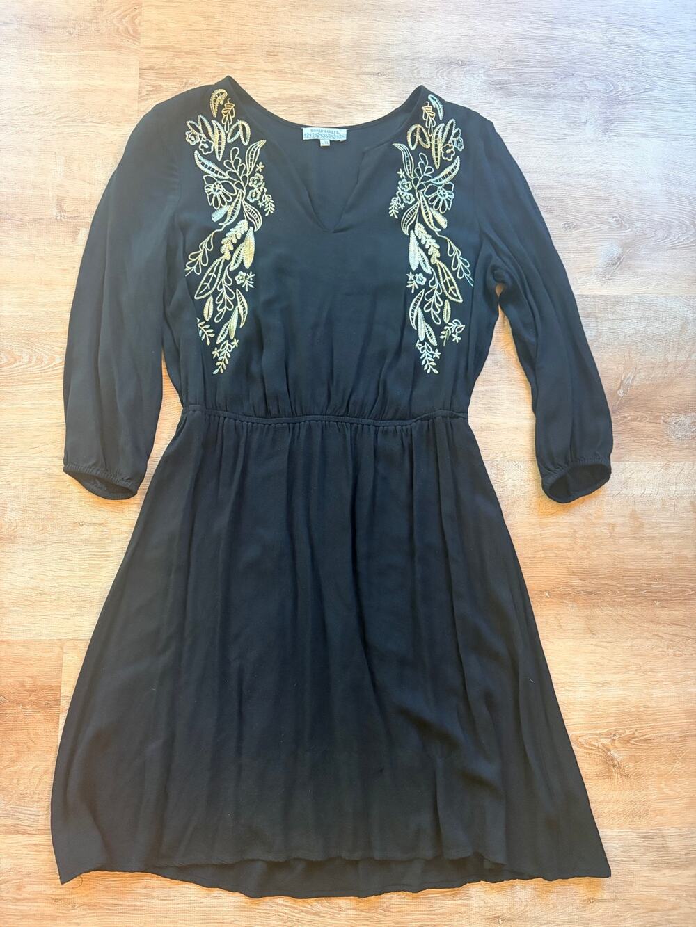 World Market Boho Embroidered Midi Dress Black Gold 3/4 Sleeve L XL